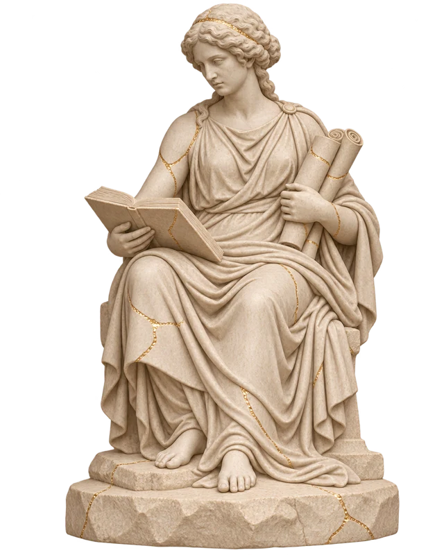 Ivory marble archivist with scrolls and a book, with fine gold veins