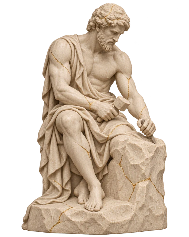 Ivory marble artisan with carving tools, with fine gold veins