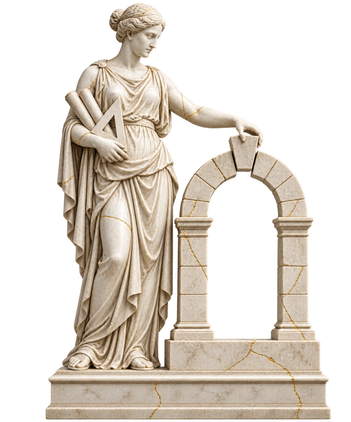 An ivory marble architect placing the keystone of an arch, with delicate gold repair seams