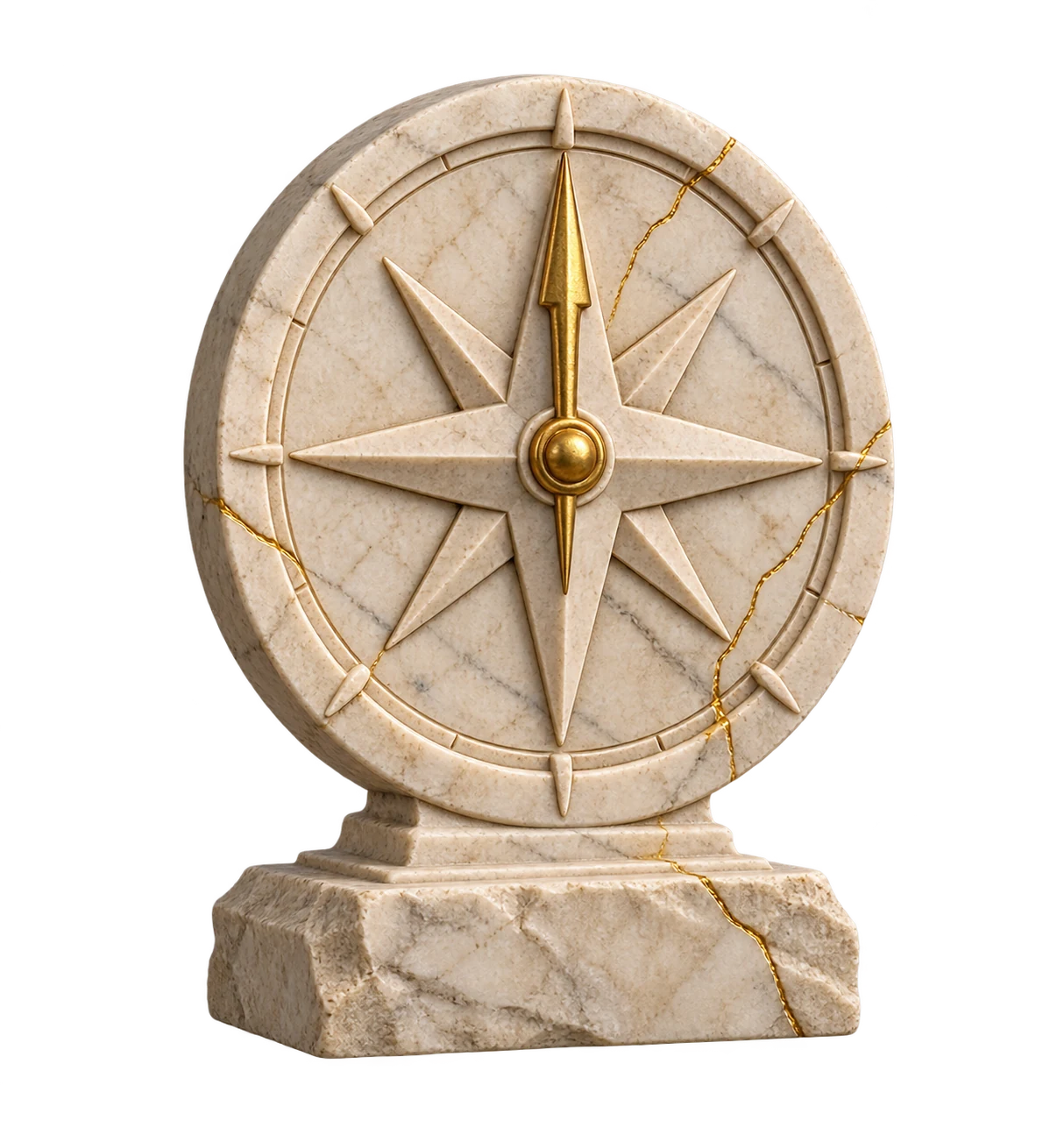 A classical ivory marble compass sculpture with a gold needle and fine gold repair seams
