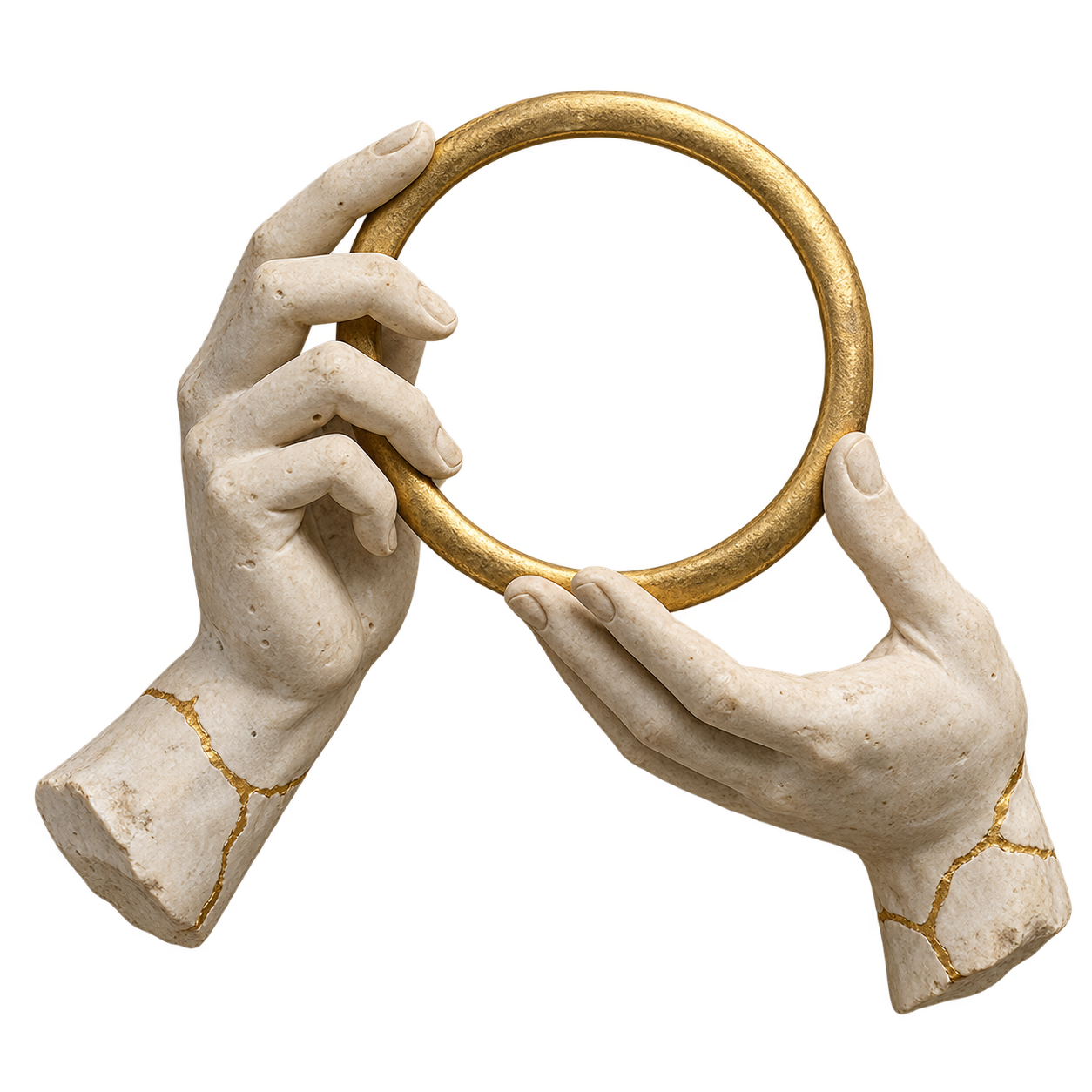 Two ivory marble hands joined by a flowing gold connection