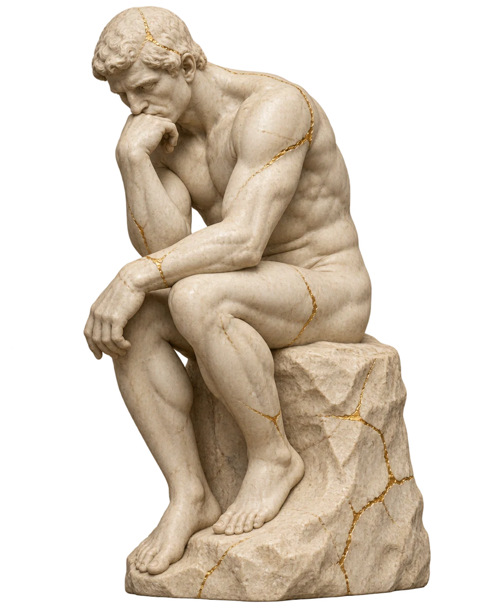 The Thinker reimagined as a classical ivory marble sculpture with antique-gold veins